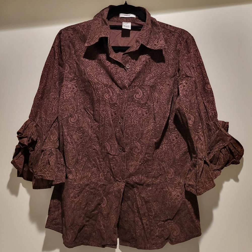 Vintage Edward 100% Cotton Textured Print Ruffle Blouse Small